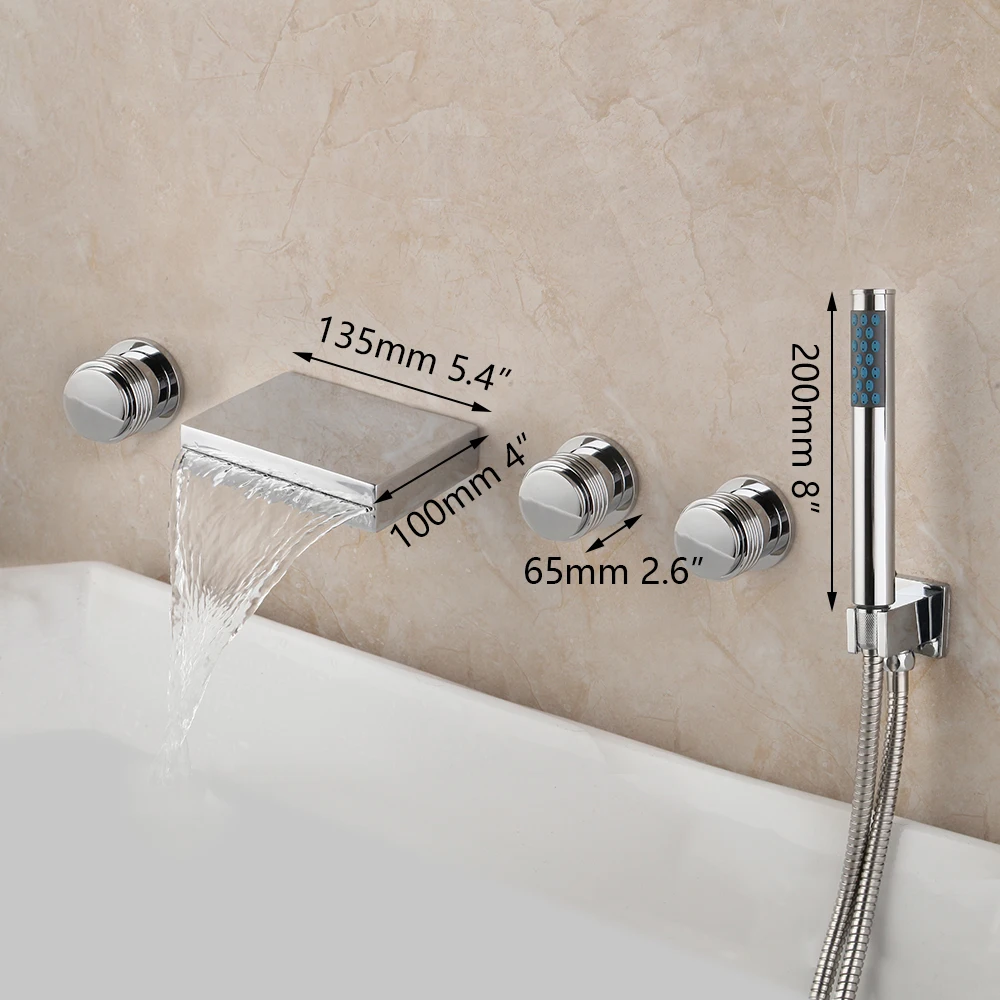 KEMAIDI Bathtub 3 Handles 5pcs Faucet Solid Brass Bathroom Bathtub Waterfall Roman  Mixer Taps Filler Faucet Handshower Chrome