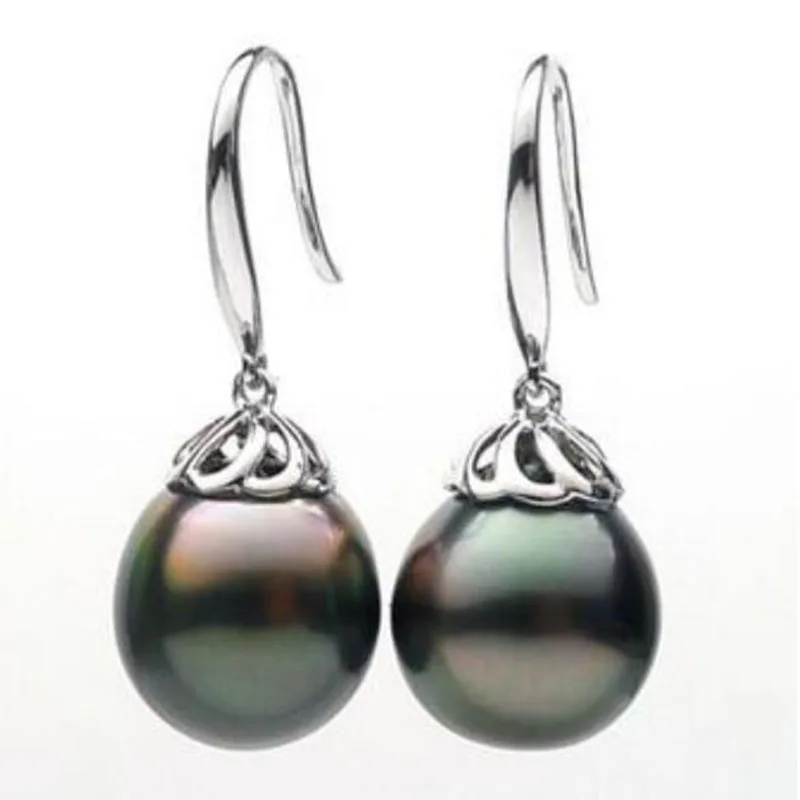 free shipping>>>>noble jewelry Luminous Genuine Tahitian Peacock Green Pearl Drop Earrings 14K White Gold