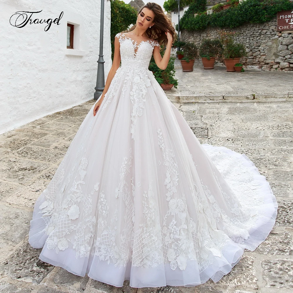 Traugel Vestidos de Novia Mütze Ärmel Spitze Vintage Brautkleider sexy Illusion Applikation Blumen Kapelle Zug eine Linie Brautkleid