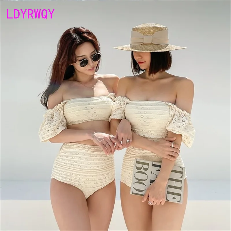 LDYRWQY  2021 New Fashion European and American Puff Sleeve High Waist Sexy Belly Cover Bikini Swimsuit Two-piece Set