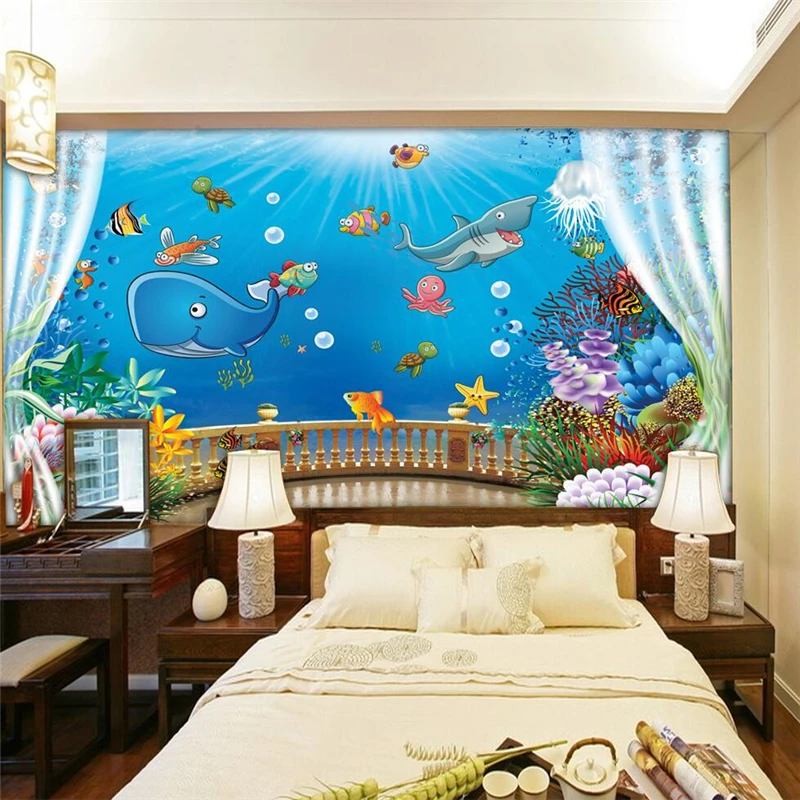 mural  papel de parede Custom wallpaper  Outboard cartoon underwater world 3D curtains children room children room behang