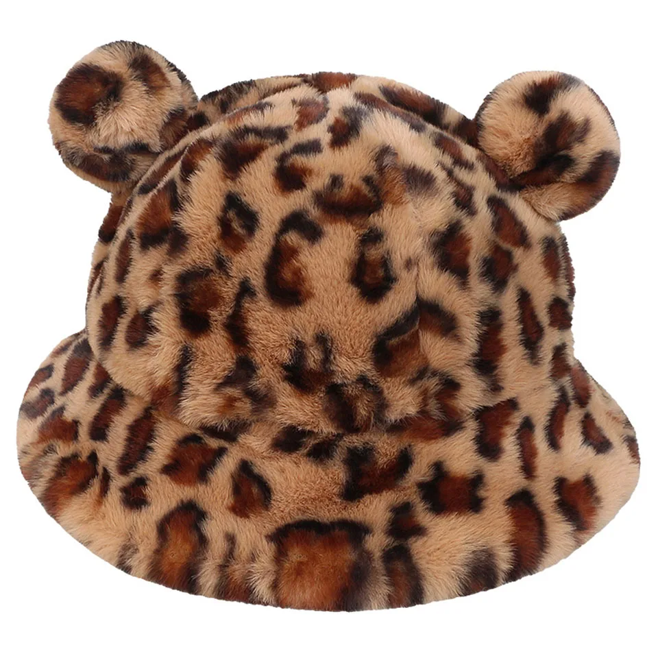 Mode Herbst Winter Leopard Pelz Eimer Hut Bär Ohr Ball Plüsch Fischer Hut Weiche Warme Dicke Becken Hut Schutz Eimer Hüte – Detail 1