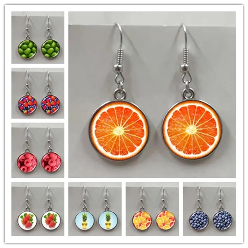 New fashion lemon slice earrings cherry earrings red earrings fruit jewelry glass convex round earrings handmade