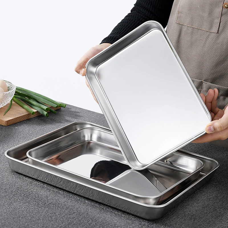 Rectangle Thicken Stainless Steel Food Storage Tray Steamed Sausage  Plates Fruit Baking Pastry Pans Kitchen Bread Loaf Dishes