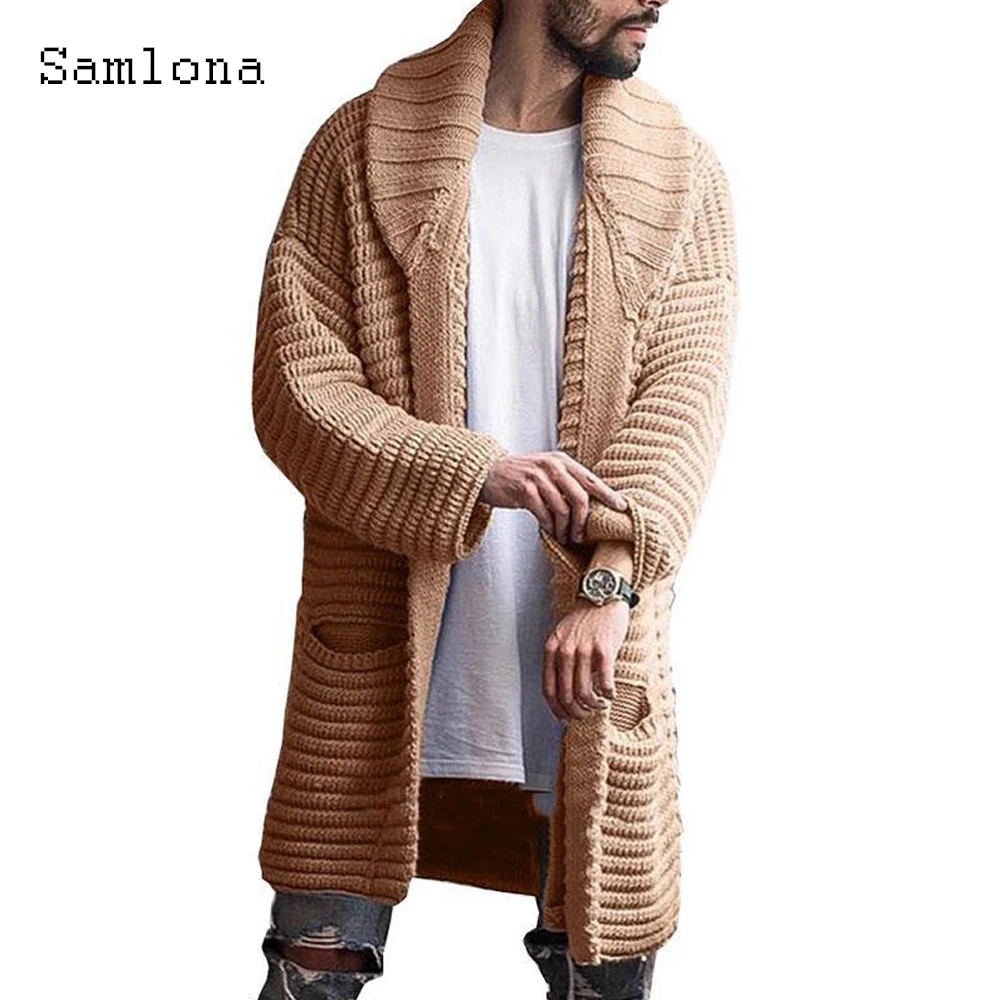 Samlona-Cardigan patchwork pour homme, pull long, design de poche, grande taille 4XL, automne, hiver, nouveau, 2021