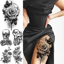 Black Rose Flower Sexy Temporary Tattoos For Women Adult Thigh Peony Skull Realistic Fake Tattoo Sexy Washable Tatoos Sticker