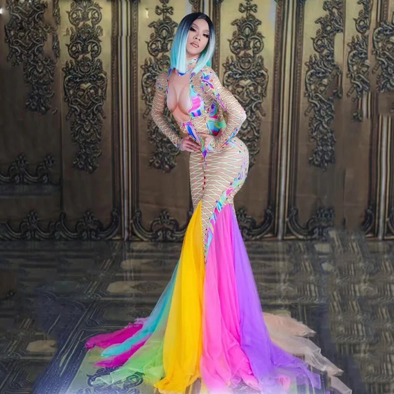 

sexy Long Colorful Big Stretch Dress Stage Dance Wear See Through Evening Birthday Celebrate Costume