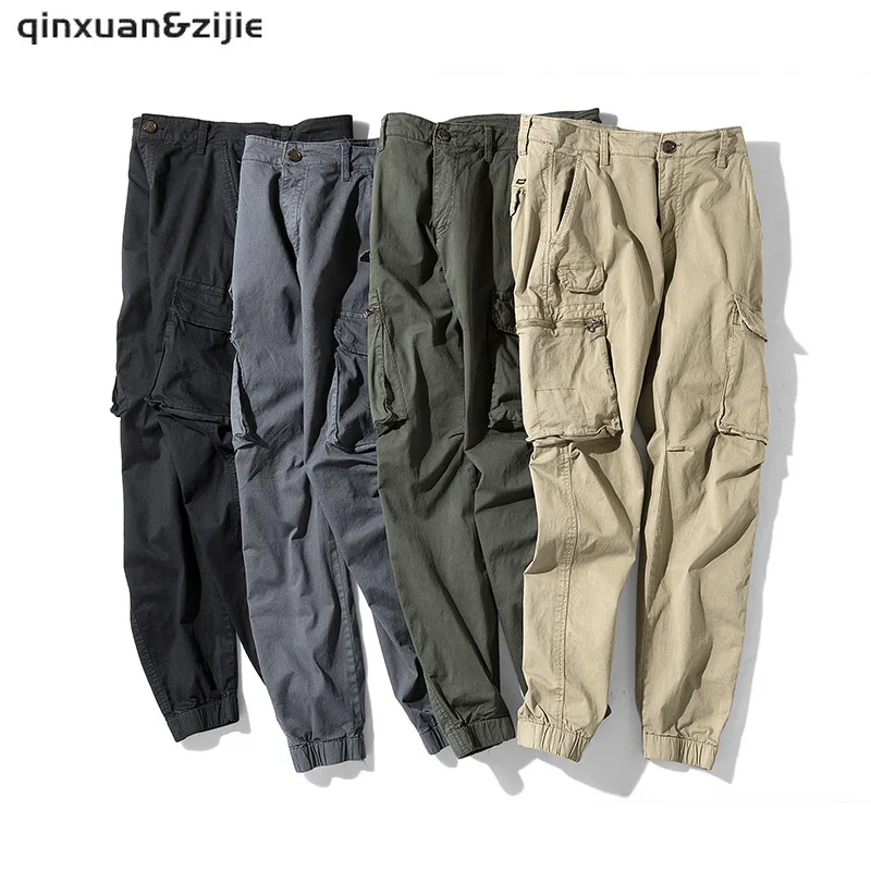 

Q&Z New Casual Men Cgrgo Pants Waffle Solid Elastic Waist Sweatpants Male Pocket Losse Outdoor Trousers Fashion Autumn 2021