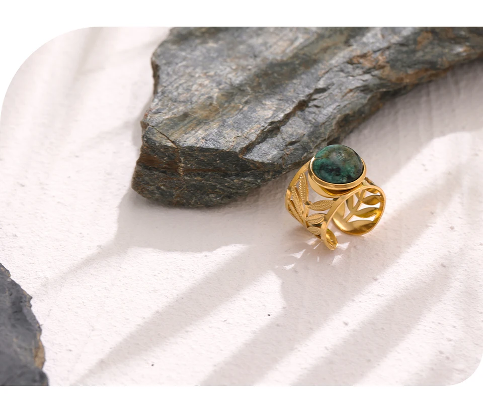 Yhpup Stainless Steel Green Natural Turquoise Opening Ring Statement Golden 18 K Plated Ring bague acier inoxydable Gift New