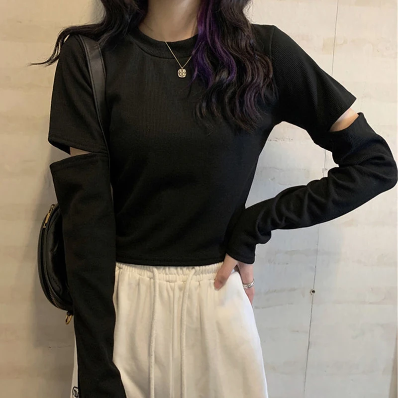 Crop Top Fall 2021 Women Fashion Sexy Sweet Slim Inside Long Sleeve T Shirt Ripped Hole Black White Gray Oversized Punk Clothing