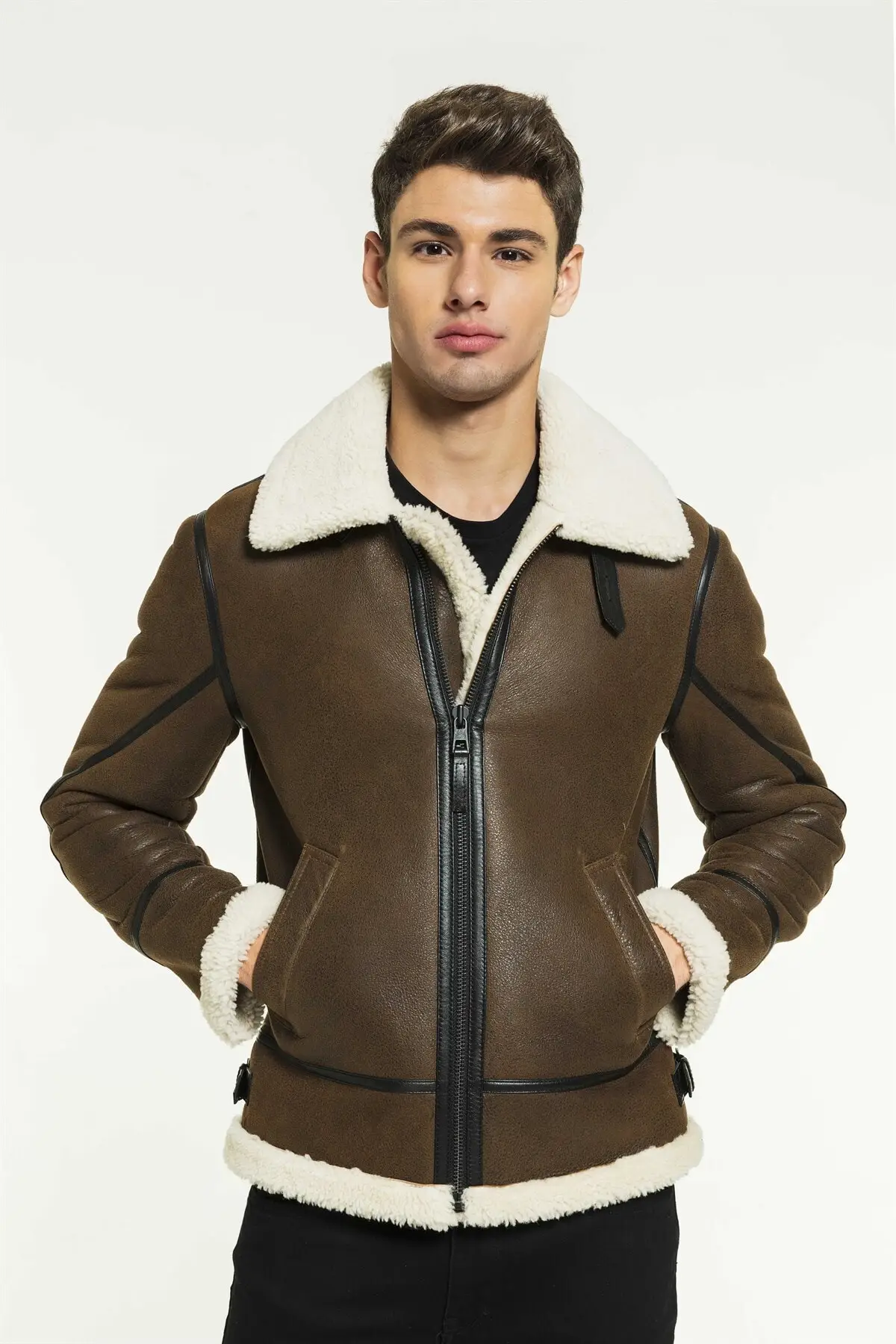 Men's Pilot Tan White Fur Leather Jacket Genuine Sheepskin Brown Jacket Winter Biker Coat Warm Coats Waterproof Casual Wear