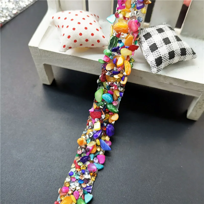 1yard length Hotfix Rhinestone Crystals Lace Trim Colorful Stones Iron On For Clothing Badge Applique For Clothes Bag DIY