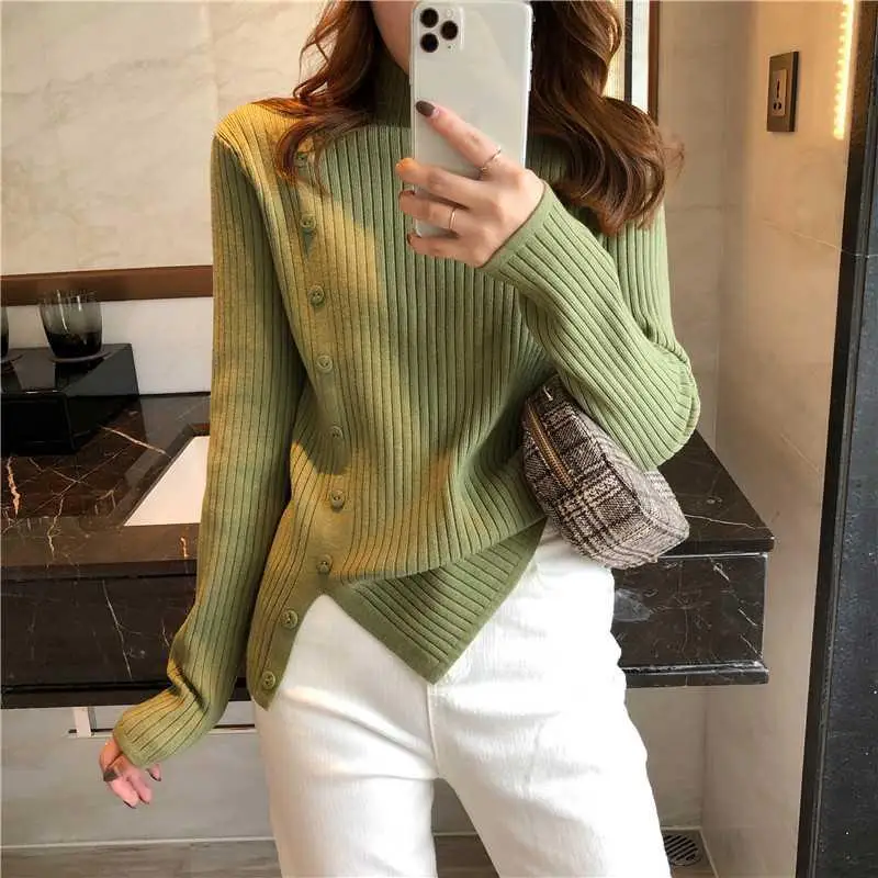 Autumn Spring Full sleeve Button Turtleneck Ladies Pullovers 2022 elastic Slim Ladies Jumpers Women Soft Wool Split hem sweaters