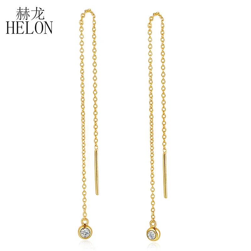 HELON Solid 18k Yellow Gold Round Cut SI/H Natural Diamonds Drop Earrings Nice Simple Trendy Party Fine Jewelry Chain Earrings