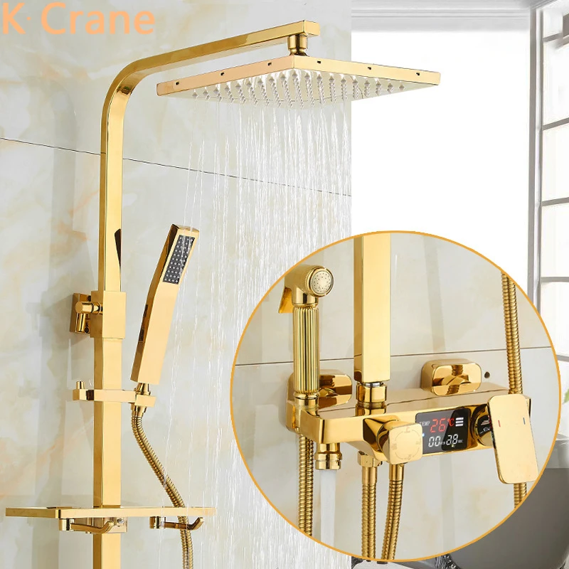 Hot Cold Shower System Bathroom Thermostatic Gold Shower Set Wall Mount SPA Rainfall LED Bath Faucet Square Head Modern Torneira