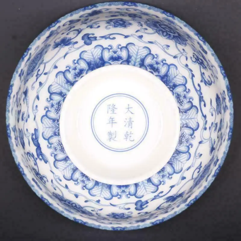 Chinese Blue and White Porcelain Phnom Penh Eight Treasures Auspicious Edged Lotus Design Bowl Crafts Ornaments