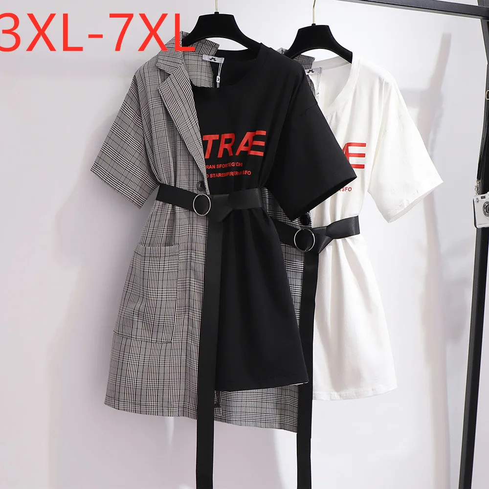 New 2021 Summer Plus Size Mini Dress For Women Large Short Sleeve Loose Casual Plaid Dresses Fake Two Pieces 3XL 4XL 5XL 6XL 7XL