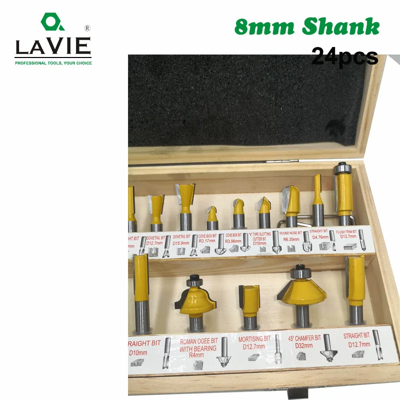 24PCS 8mm Shank DIY Woodworking Router Bits Set Milling Cutter for Wood Flush Straight Chamfer Trimming Engraving Tool MC02012