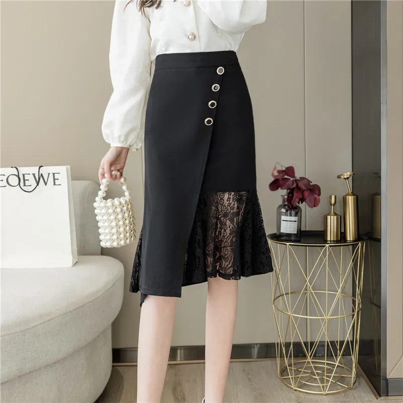 

2021 New Black Irregular Lace Patchwork Package Hip Skirt Womens Elegant High Waist Midi Skirts Spring Summer Office Lady Skirt