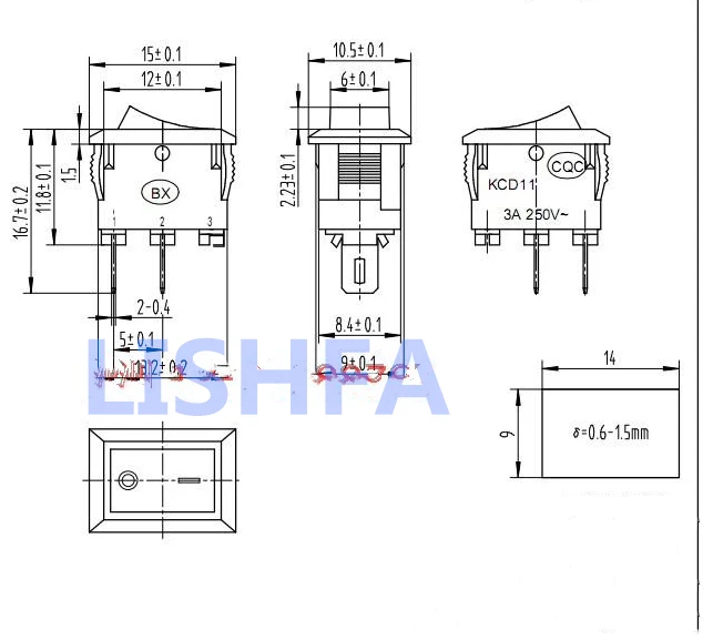 Ship switch KCD11 2pin 3pin 2-gear 15 * 10mm rocker power switch