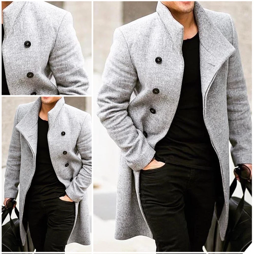 

England Style Woolen Overcoat Men's Thick Plus Solid Double-Breasted V-Sleeve Long Coat Casual Winter Fashion Handsome Jacket