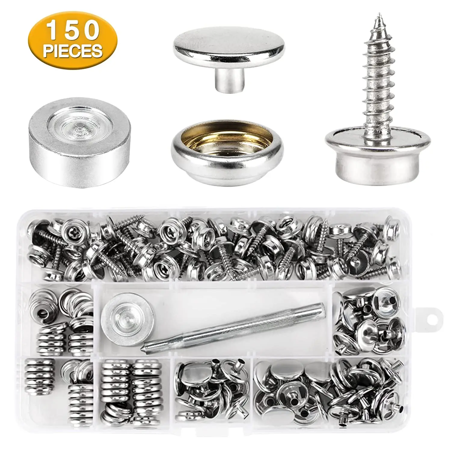 

150PCS Canvas Snap Kit,Marine Grade Stainless Steel 3/8" Socket Canvas Snap Button Fastener Boat Cover Snap Button Fastener Tool