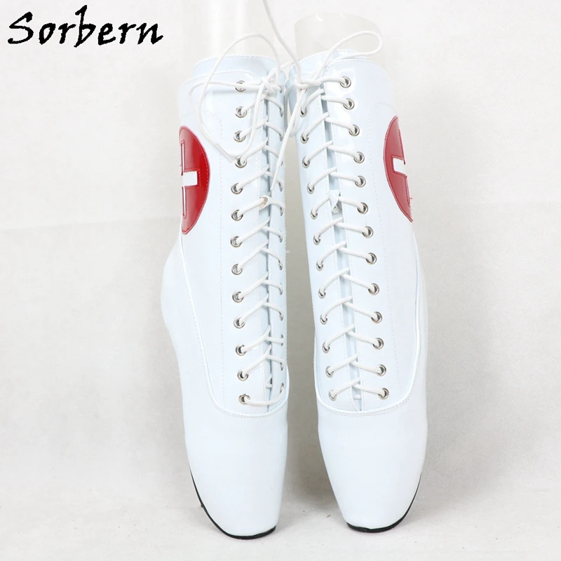 Sorbern Red Cross Nurse Ballet Boots Role Play Ankle High Booties Stilettos 18Cm Lace Up Unisex Plus Size Shoe Short Booties