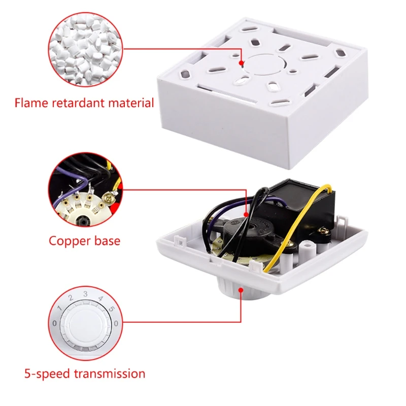 220V Universal Adjustment Ceiling Fan Speed Control Switch Wall Button Dimmer Switch Five Gears Fan Speed Adjuster