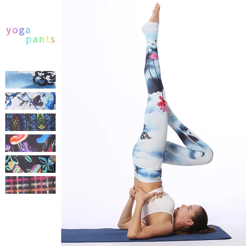 Women's Stretch Print Yoga Pants, High Waist Fitness Leggings, Sports Leggings with Pockets, Running Wear, Slim Pants