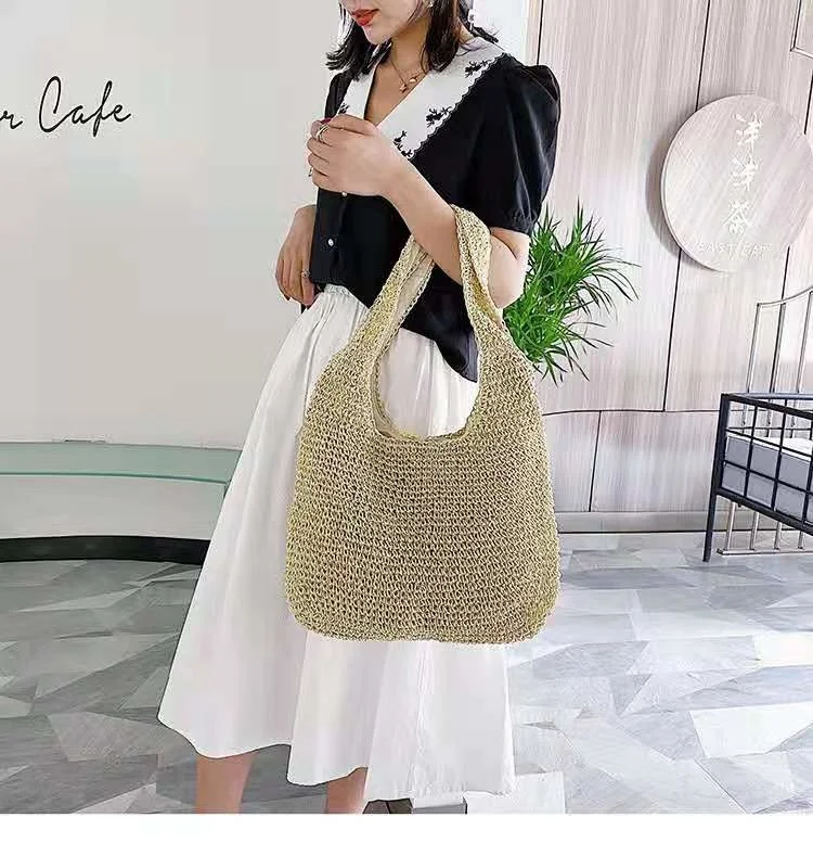 Bolso de paja tejido hecho a mano para mujer, bolso de mano de gran capacidad para mujer, bolso de playa para vacaciones, bolso de hombro de ratán