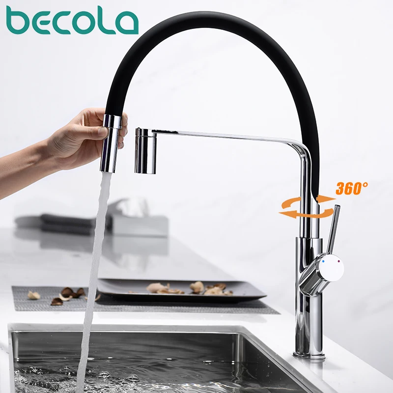 Becola Kitchen Faucet Pull Out Silver Single Handle Single Hole Mixer Tap Cold&Hot Sink Faucet 360 Rotation Kitchen Faucets