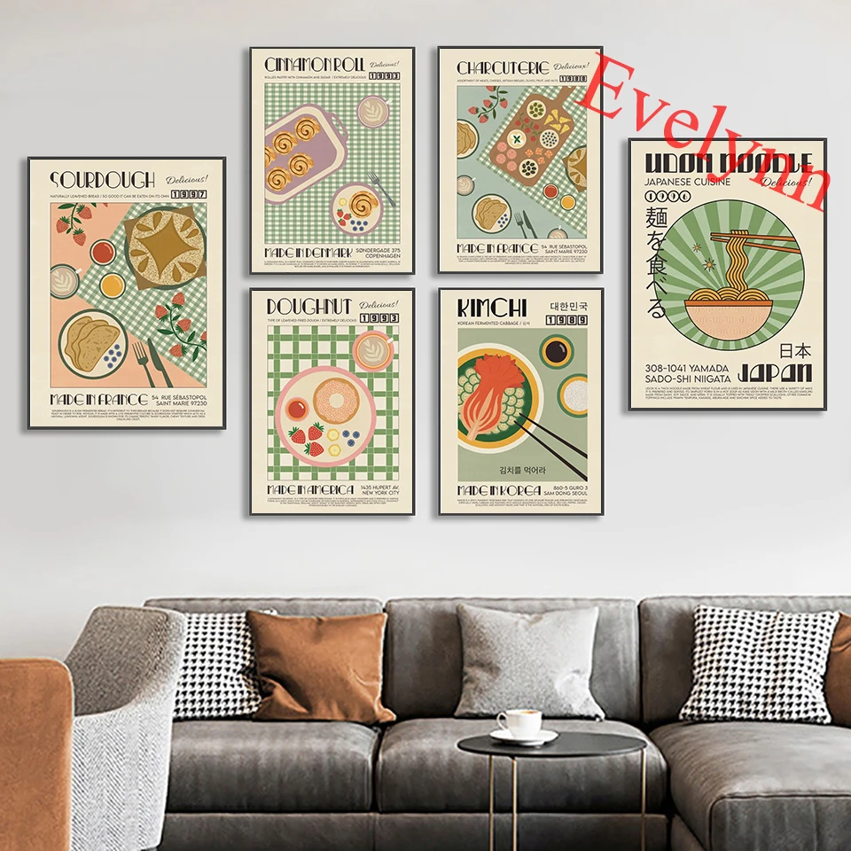 Modern Kitchen Decor Italy Japanese Korean Foods Poster Ravioli Charcuterie Cocktail Cinnamon Roll Spaghetti Wall Art Print Gift