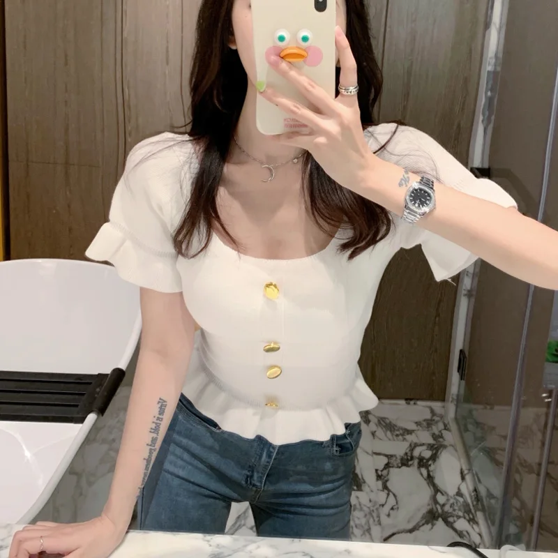 JMPRS Fashion Button Women Knit T Shirt Korean Elegant Slim Square Collar Ruffles Short Sleeve Short Tees Casual Solid Tops