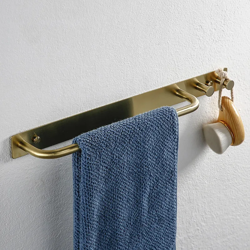 Bathroom Towel Bars 304 Stainless steel Bolt Inserting Type Towel Bar With Hooks Bath Hardware Bathroom Accessories Brushed Gold