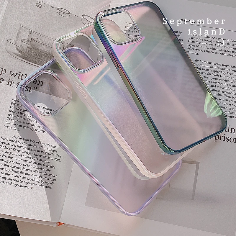 Luxury Square Glossy Electroplating Transparent Laser Rainbow Soft Hard Phone Case For iPhone 14 13 12 Pro Max 11 MiNi Cover - náhled 2