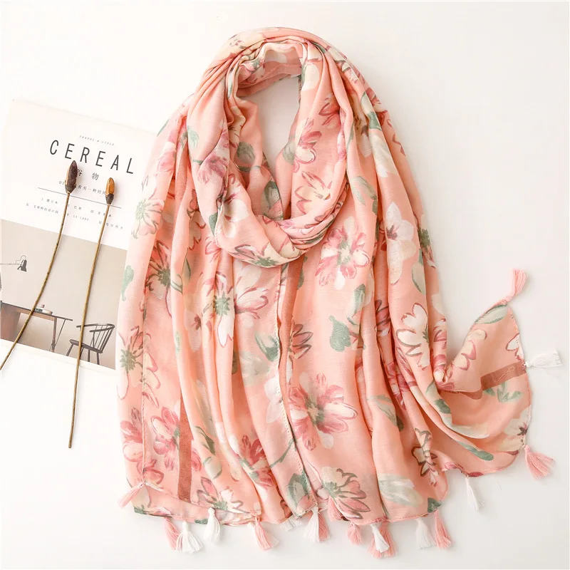 

Lightweight Women's Fashion Floral Printed Spring Fall Warm Scarf Head Wrap Fringe Boho Shawls Oversized Cape Long Head Scarves