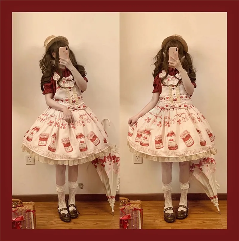 Japanese sweet lolita strap dress vintage Cherry high waist cute printing victorian dress kawaii girl gothic lolita cos loli