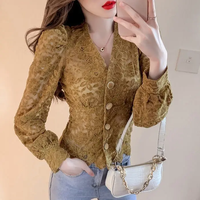 

Blouse Women Shirt Long Sleeve Lace Women's Spring V-neck Top Blusas Mujer De Moda