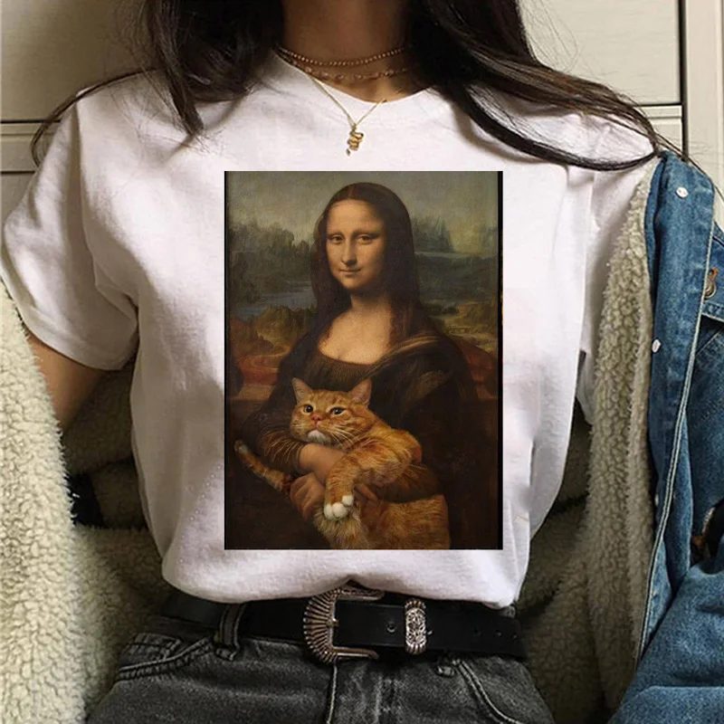 T-shirt chat Van Gogh pour femmes, impression d\'art, peinture à l\'huile, beau, mignon, drôle, dessin animé des années 90, ulzzang, haut décontracté