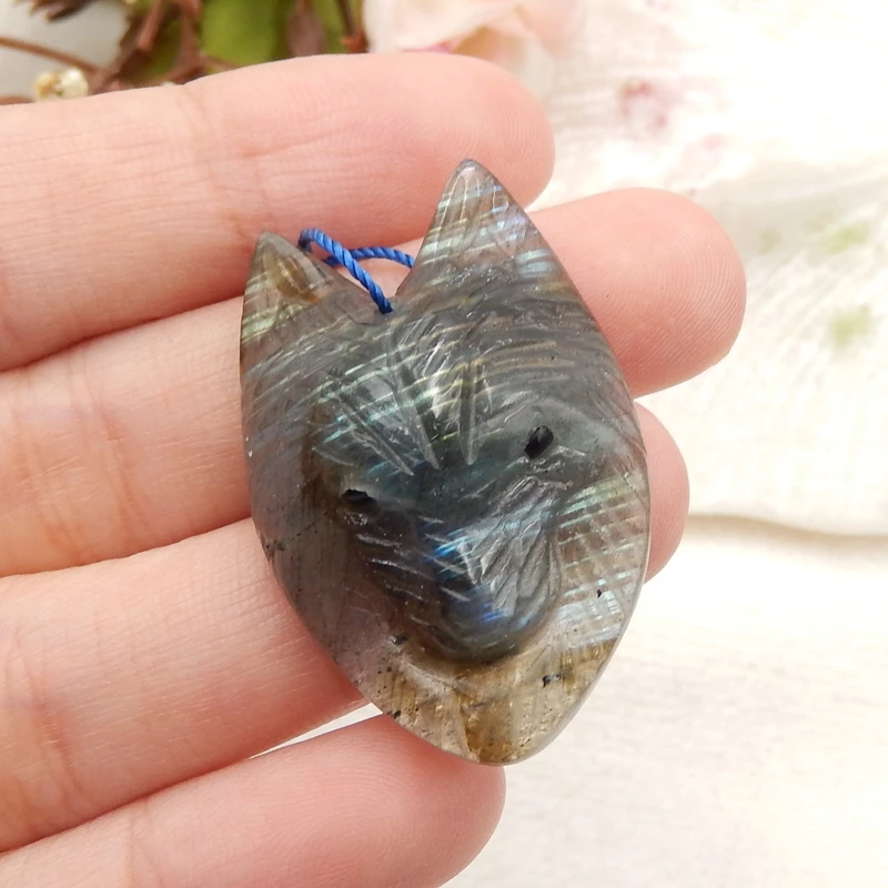 

Natural Labradorite Gemstone Carved Flatback Wolf Head Fashion Pendant Bead 36x24x10mm8.9g