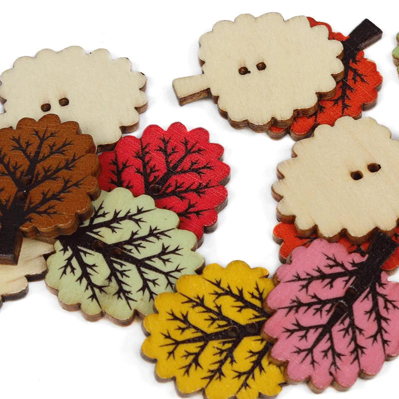 50pcs Leaves 2Hole Wooden Buttons Christmas for Child Sewing Scrapbook Clothing Decor Handwork Accessories Card DIY 32mm*25mm