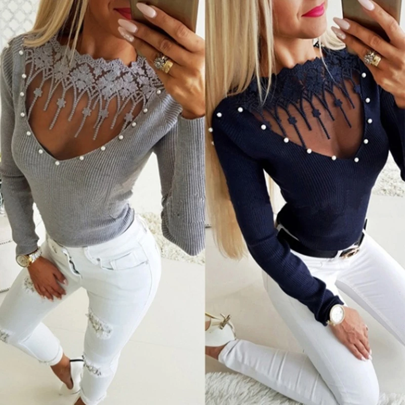 PEONFLY 2023 New Sexy Tight Sweater Women Ladies Fashion Slim Lace Beading Hollow Out Neck Sweater Knitshirt Tops