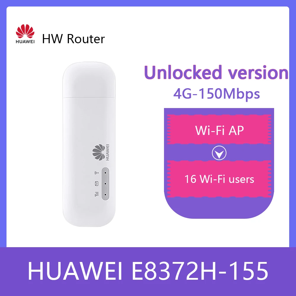 잠금 해제된 화웨이 E8372h-155 USB 와이파이 모뎀, 4G, 150Mbps LTE FDD 밴드, 1/3/5/7/8/20 TDD 밴드, 38/40/41 3G 모바일 USB 동글