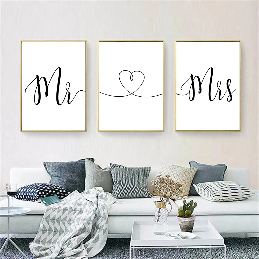 السيد Mrs القلب الخط المشارك طباعة أبيض وأسود الحد الأدنى الرسم على لوحات القماش الجدارية صور زوجين عاشق هدية ديكور المنزل #4