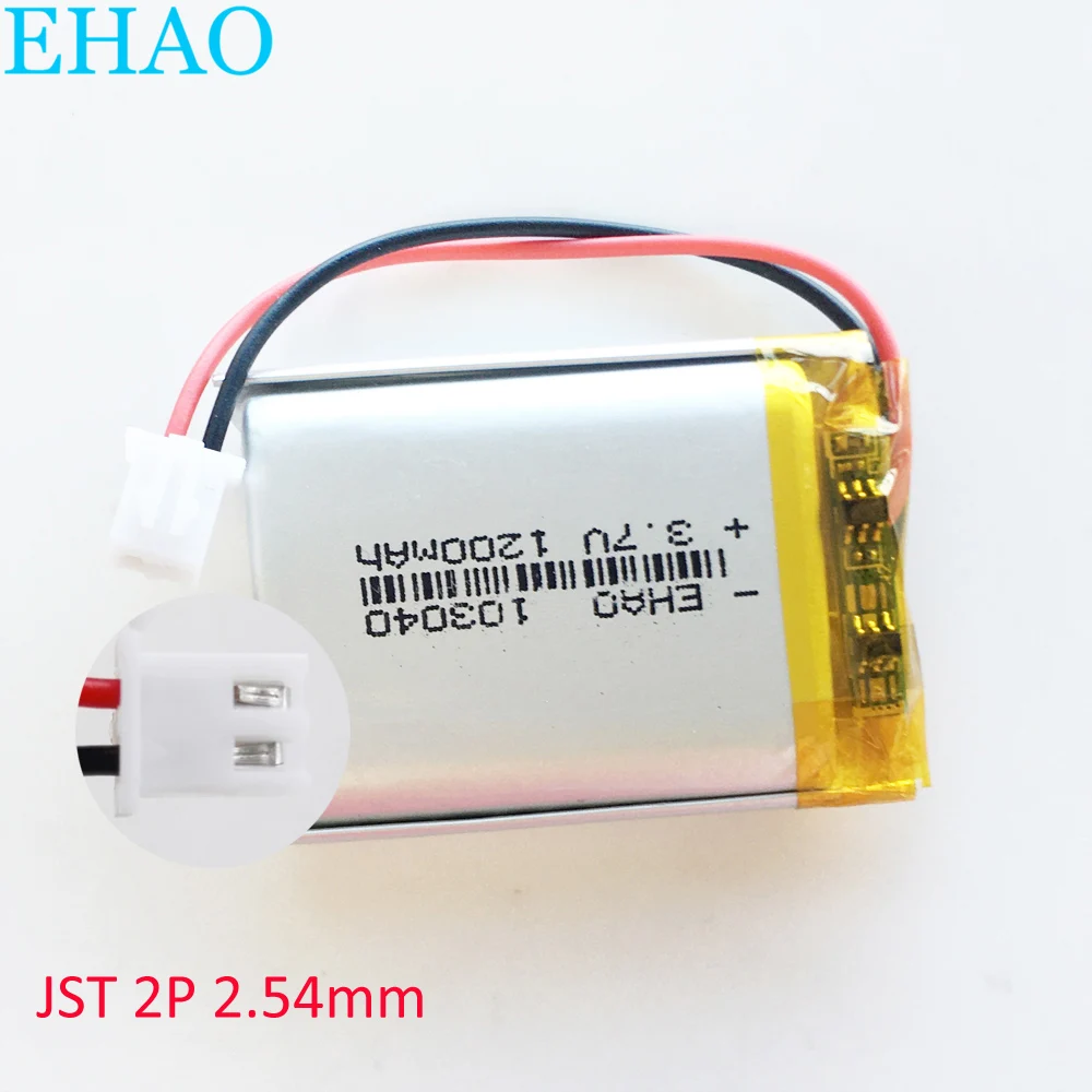 3.7V 1200mAh Lithium Polymer LiPo Rechargeable Battery EHAO 103040 + JST 2Pin 2.54mm plug For MP3 GPS DVD Camera Heating gloves