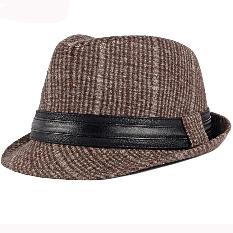 HT2774 Fedoras Autumn Winter Hat Caps for Men Vintage Plaid Wool Hat Retro Gentleman Black Band Fedora Hat Male Trilby Jazz Hat