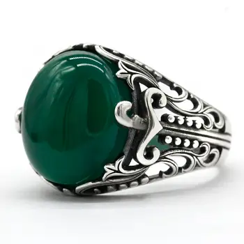 Skutečný 925 Sterling Silver Aqeeq prsten pro muže zelený přírodní achát kamenné šperky vintage dárek pro ženy mužský turecký dutý designový prsten 6 nejlepší prodej prsten aqeeq - №1