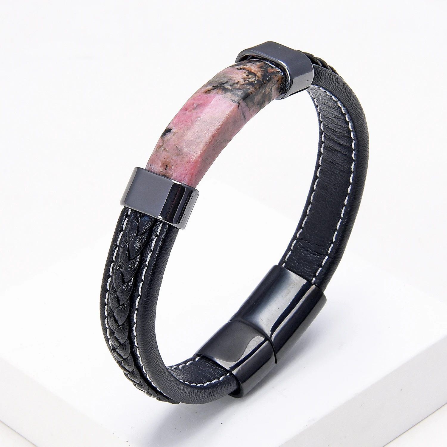 Luxury Natural Stone Men Black Braided Leather Bracelet Stainless Steel Magnetic Buckle Trendy Charm Bracelet Homme Jewelry