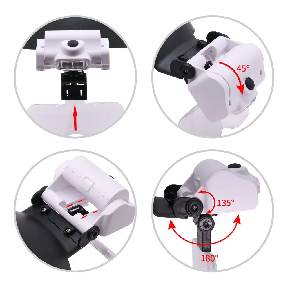 Lente d'ingrandimento per fascia con lampada a LED, lente d'ingrandimento a 5 lenti per lettura di manutenzione del circuito di rilevamento industriale