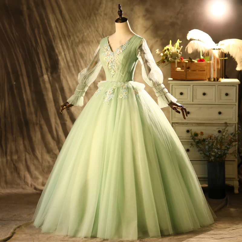 luxury light green lantern flower veil embroidery beading court ball gown royal Medieval Renaissance Victorian dress Belle ball